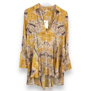 Free People Field Of Butterflies Swing Back Top S Long Sleeve Paisley Gold NWT